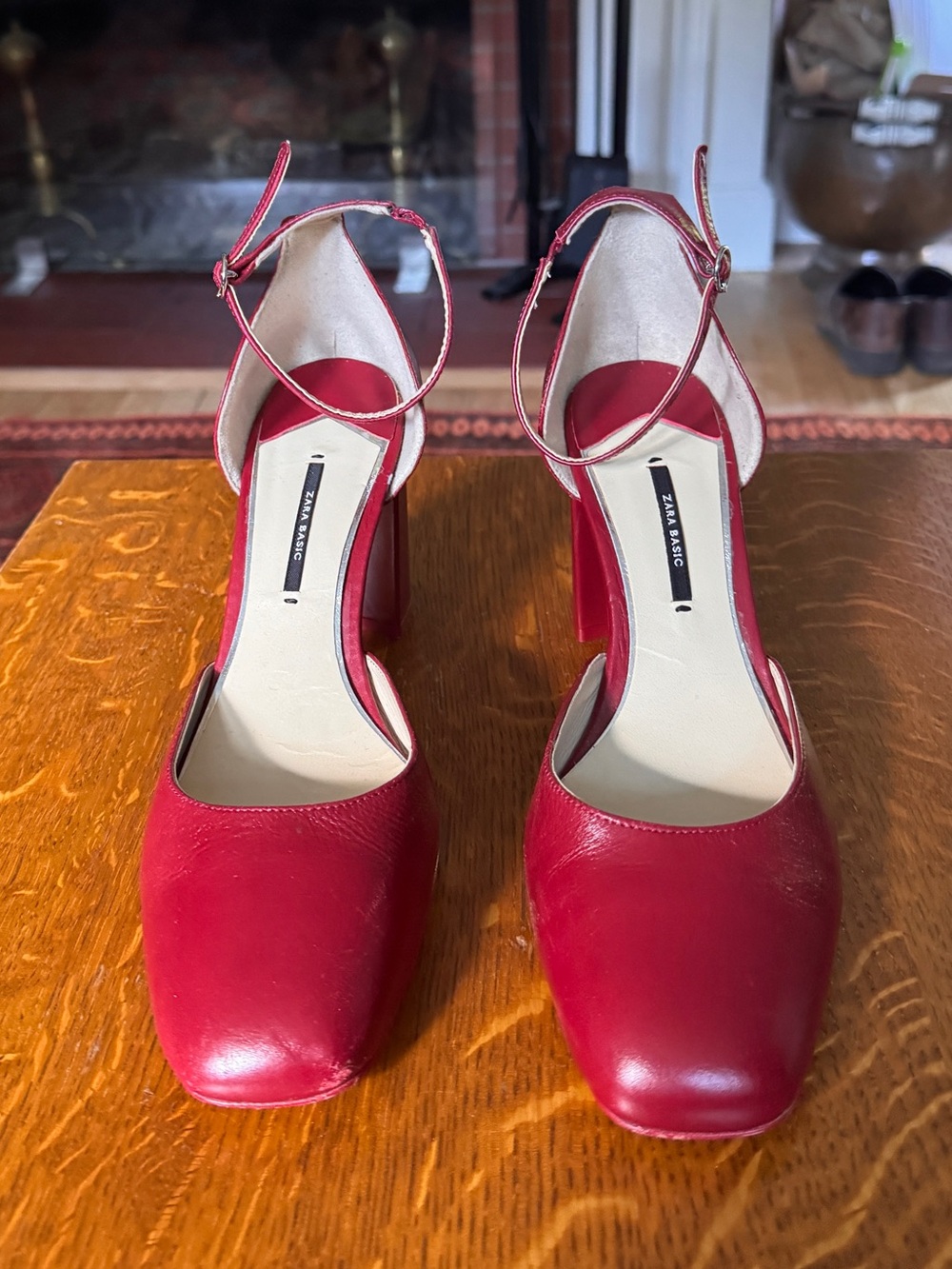 Zara leather Burgundy Block Heel Ankle Strap Pumps